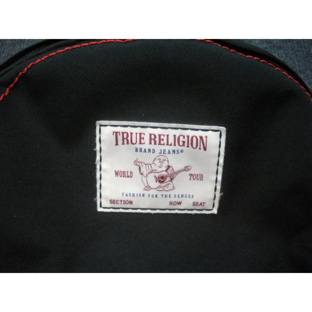 True Religion World Tour Backpack Black Canvas Red Contrast Stitch Logo Patch